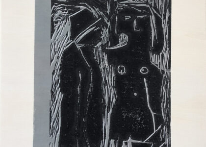 ATELIER FREISTIL: Adam und Eva – Linoldruck auf Holz, signiert, mit Aufhänger – 44 x 32 cm