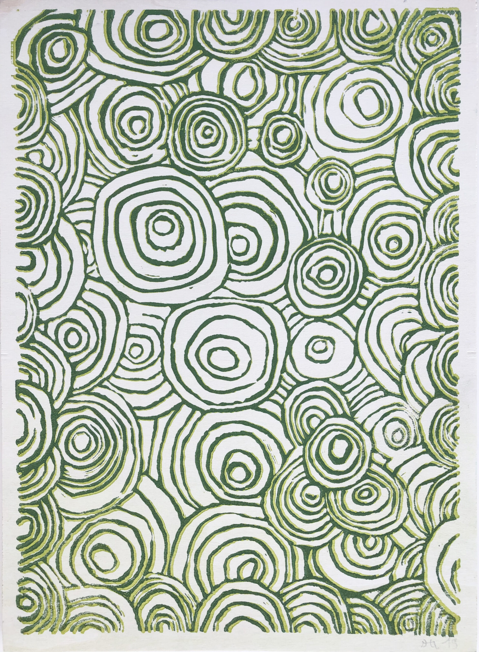 ATELIER FREISTIL: Circles Green – Linoldruck auf Holz, signiert, mit Aufhänger – 44 x 32 cm