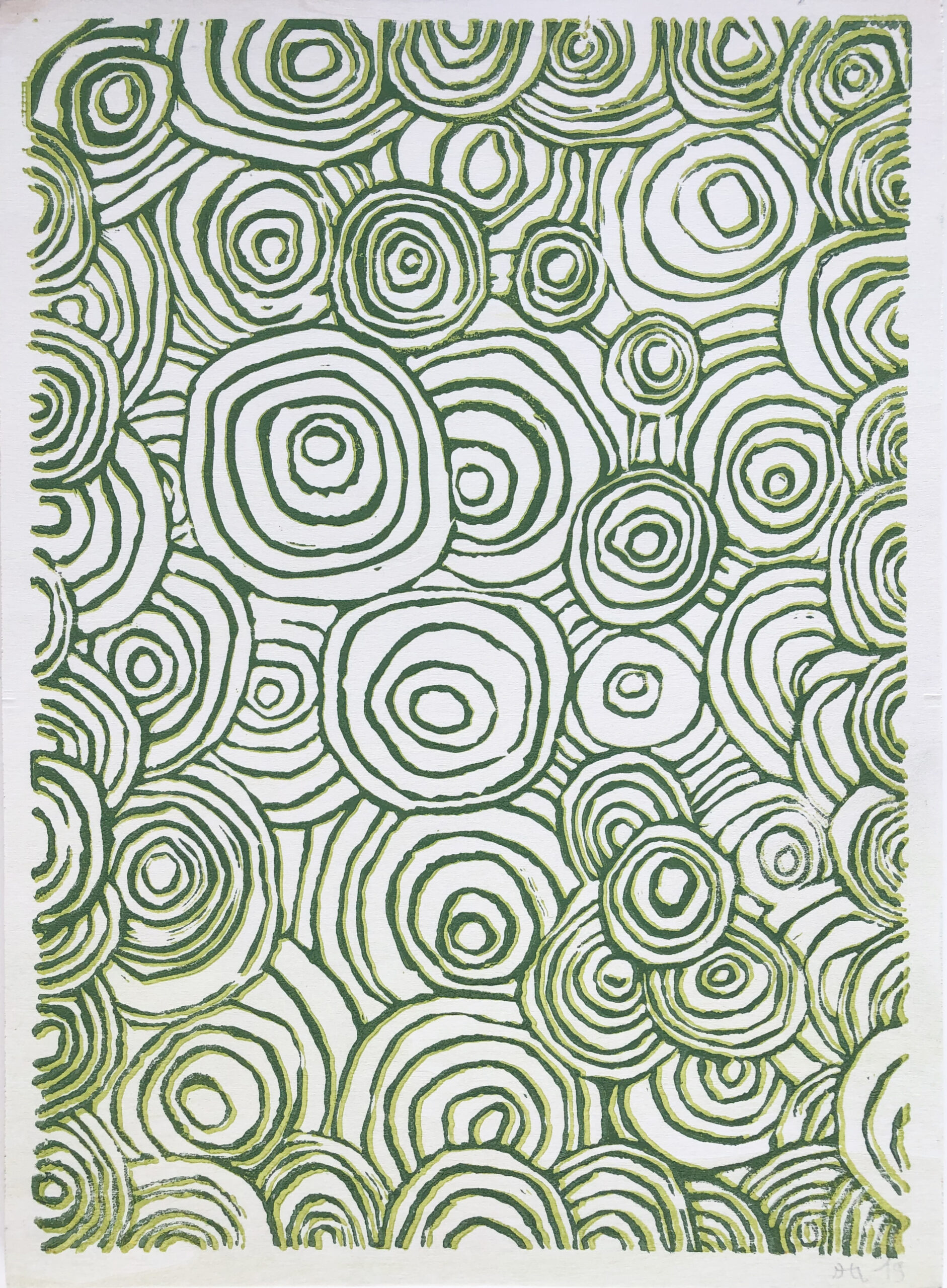 ATELIER FREISTIL: Circles Green - Linoldruck auf Holz, signiert, mit Aufhänger - 44 x 32 cm