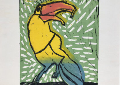 ATELIER FREISTIL: Tukan II – Linoldruck auf Holz, signiert, mit Aufhänger – 44 x 32 cm