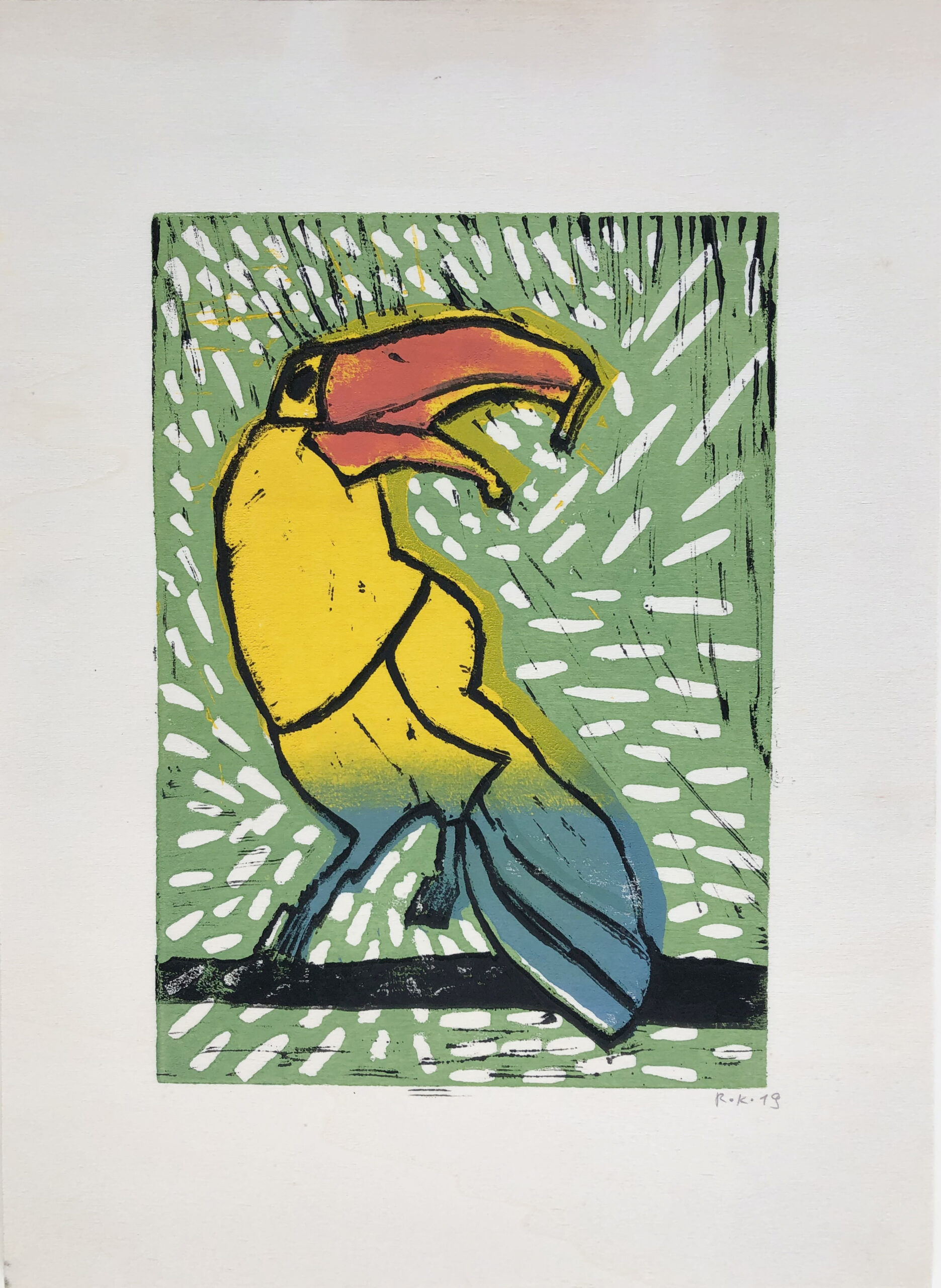 ATELIER FREISTIL: Tukan II - Linoldruck auf Holz, signiert, mit Aufhänger - 44 x 32 cm