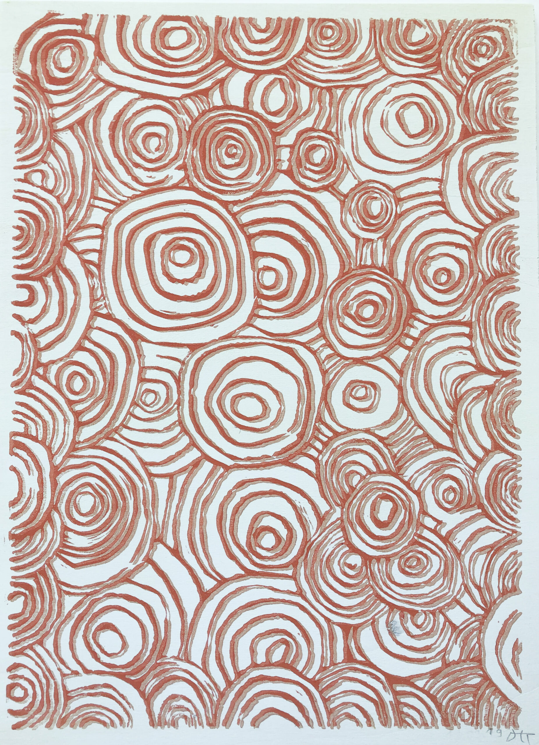 ATELIER FREISTIL: Circles Red – Linoldruck auf Holz, signiert, mit Aufhänger – 44 x 32 cm