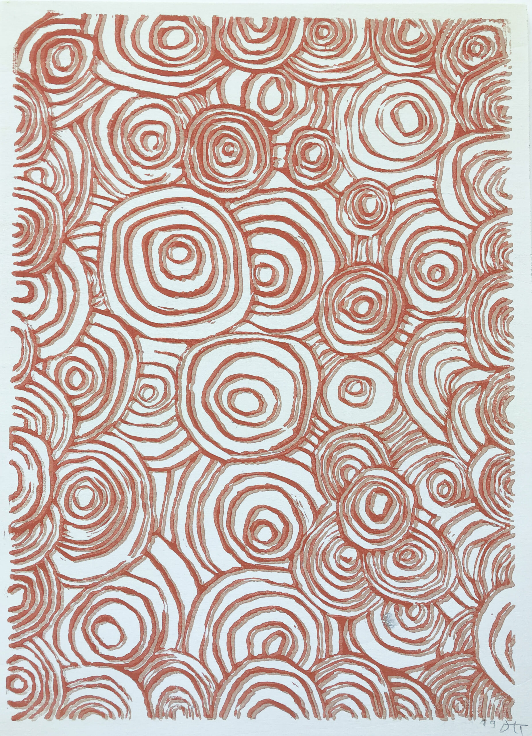 ATELIER FREISTIL: Circles Red - Linoldruck auf Holz, signiert, mit Aufhänger - 44 x 32 cm