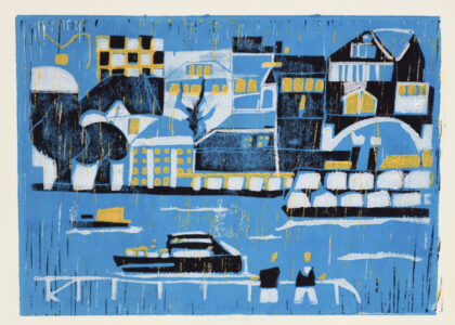ATELIER FREISTIL: Hafen I – Linoldruck auf Holz, signiert, mit Aufhänger – 44 x 32 cm