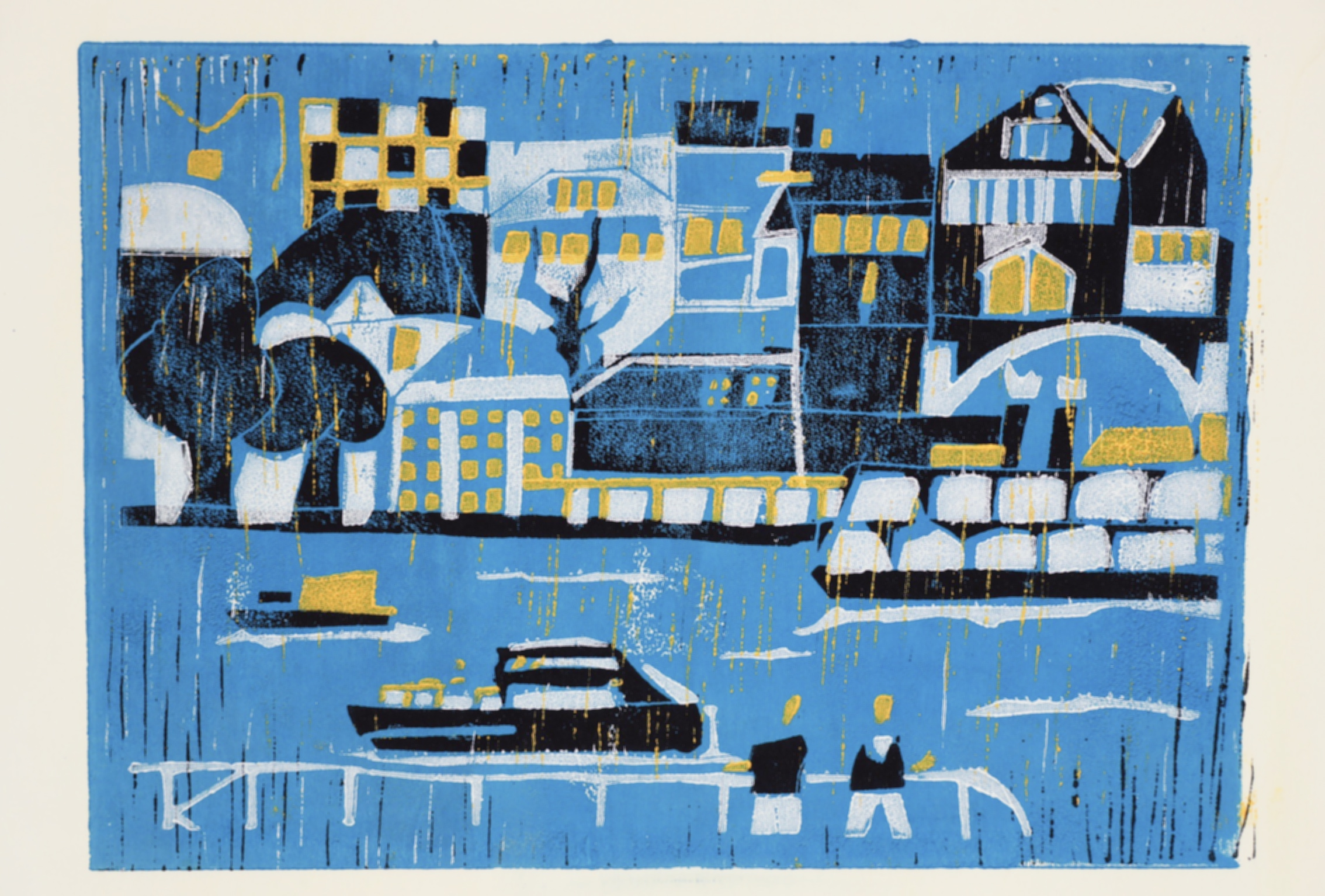 ATELIER FREISTIL: Hafen I - Linoldruck auf Holz, signiert, mit Aufhänger - 44 x 32 cm