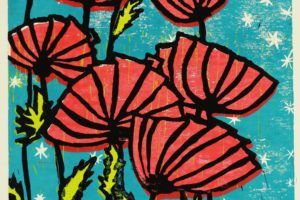 ATELIER FREISTIL: Mohnblumen – Linoldruck auf Holz, signiert, mit Aufhänger – 44 x 32 cm