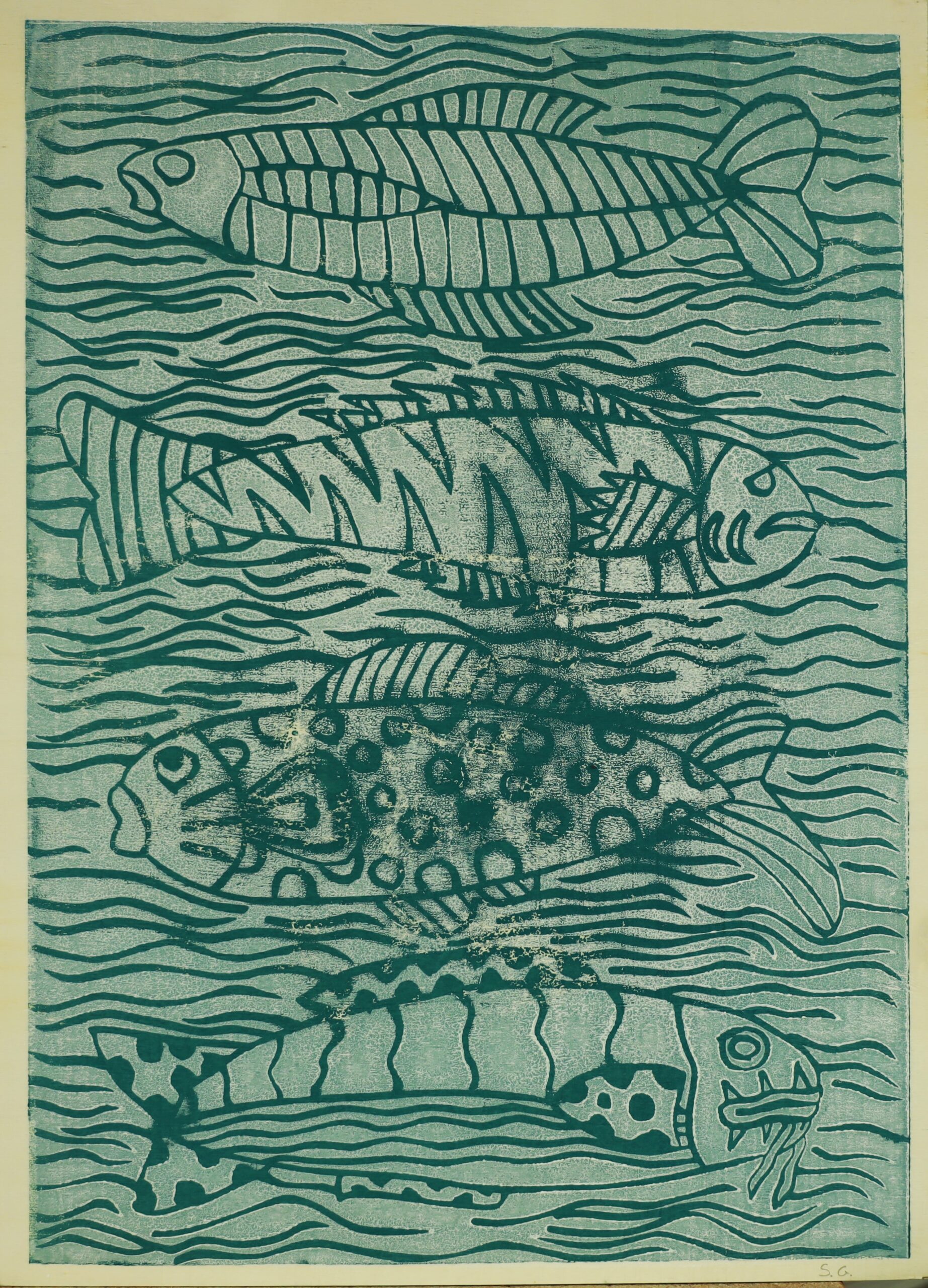 ATELIER FREISTIL: Fische - Linoldruck auf Holz, signiert, mit Aufhänger - 44 x 32 cm