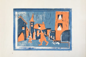 ATELIER FREISTIL: Dorf II – Linoldruck auf Holz, signiert, mit Aufhänger – 44 x 32 cm