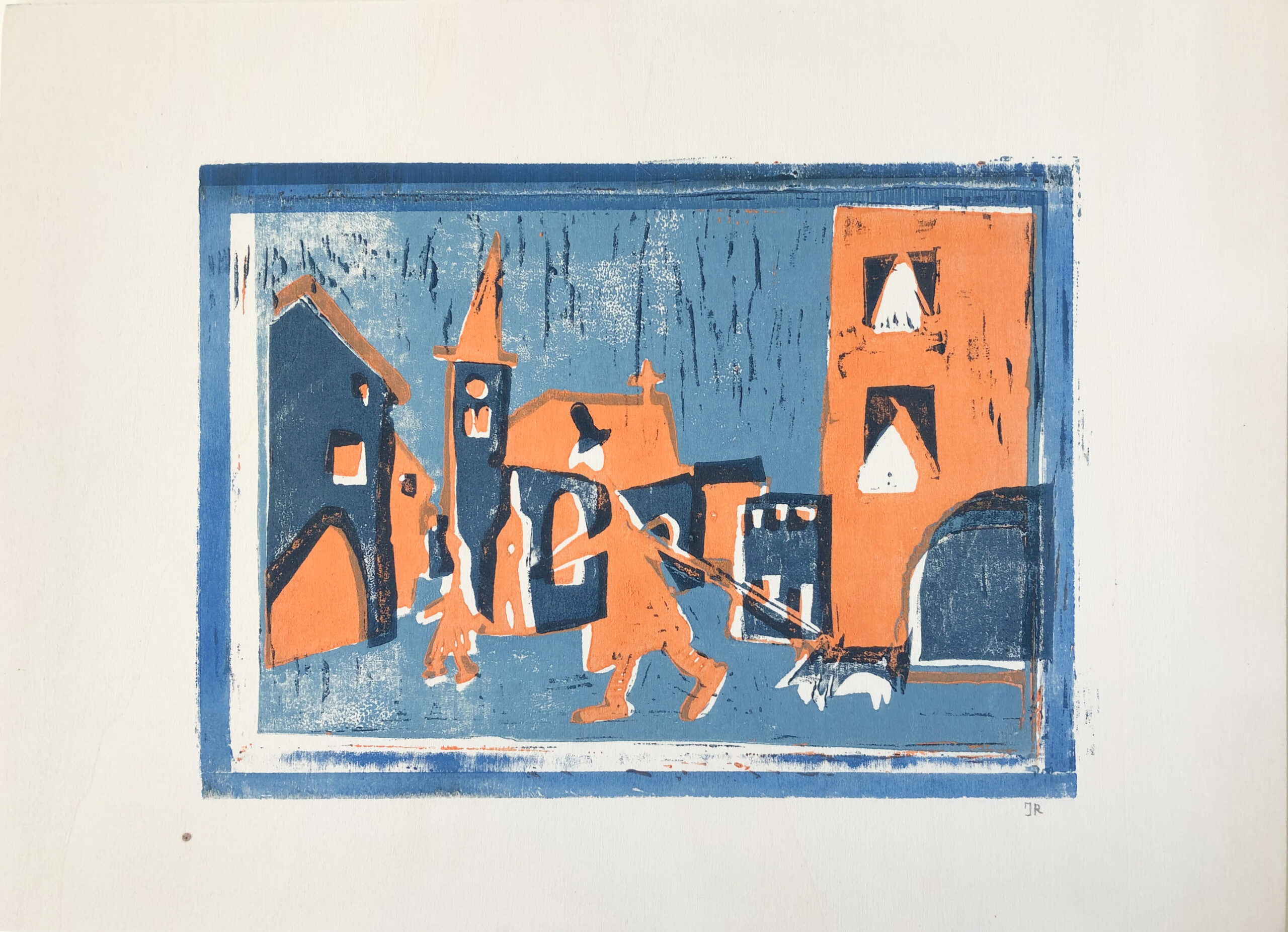 ATELIER FREISTIL: Dorf II – Linoldruck auf Holz, signiert, mit Aufhänger – 44 x 32 cm