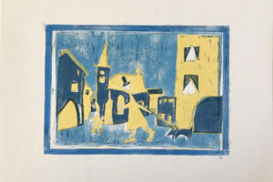 ATELIER FREISTIL: Dorf I – Linoldruck auf Holz, signiert, mit Aufhänger – 44 x 32 cm