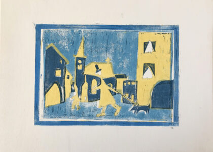 ATELIER FREISTIL: Dorf I – Linoldruck auf Holz, signiert, mit Aufhänger – 44 x 32 cm