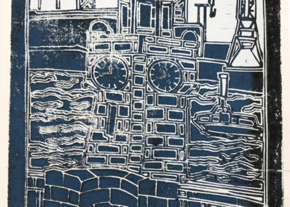 ATELIER FREISTIL: Hafen II – Linoldruck auf Holz, signiert, mit Aufhänger – 44 x 32 cm