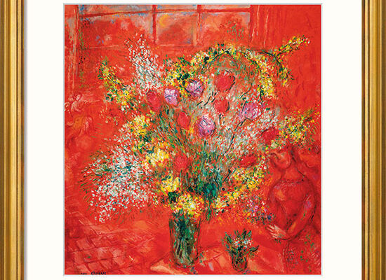 Marc Chagall: Bild „Fleurs sur fond rouge“ (1970), gerahmt