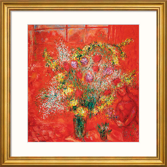 Marc Chagall: Bild „Fleurs sur fond rouge“ (1970), gerahmt
