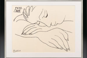 Pablo Picasso: Bild „War And Peace – Sleeping Woman“ (1952), Version Schwarz-silberfarben Gerahmt