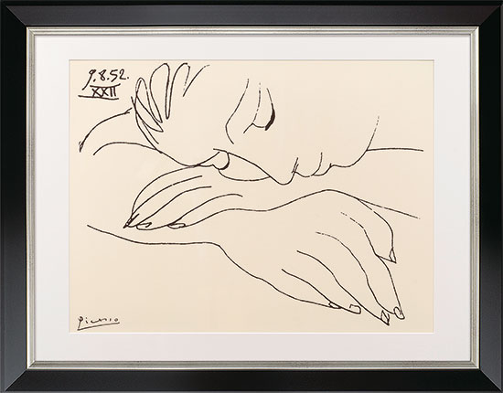 Pablo Picasso: Bild „War and Peace – Sleeping woman“ (1952), Version schwarz-silberfarben gerahmt