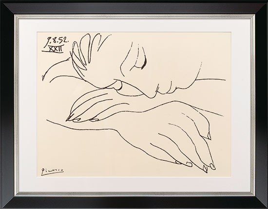 Pablo Picasso: Bild "War and Peace - Sleeping woman" (1952), Version schwarz-silberfarben gerahmt